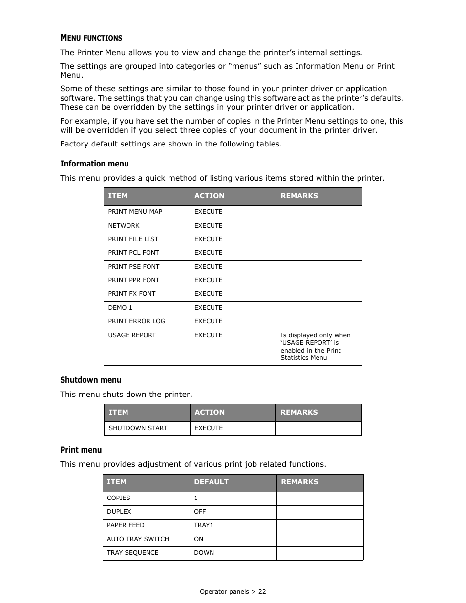 Menu functions, Information menu, Shutdown menu | Print menu | Oki B 410dn User Manual | Page 22 / 84