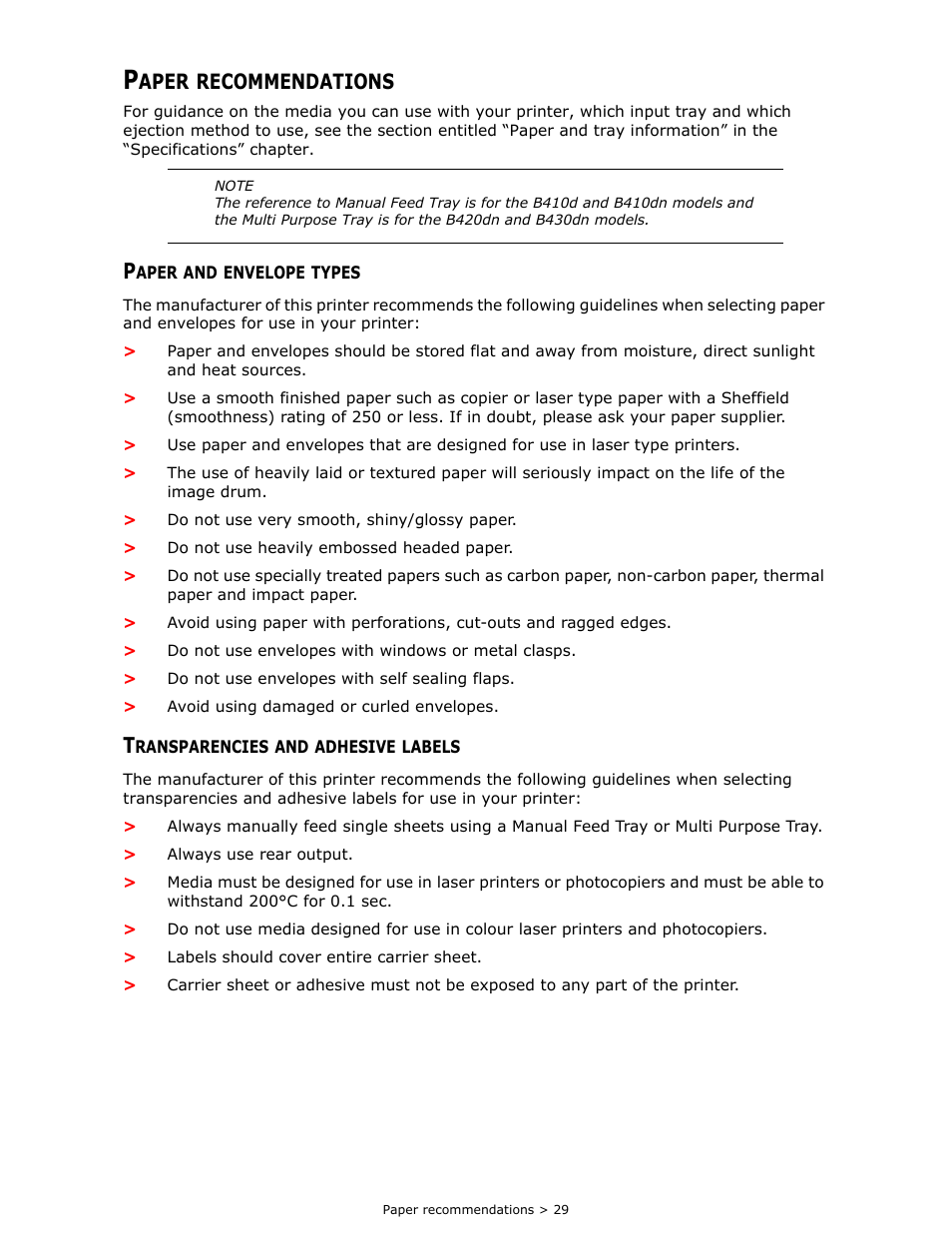 Paper recommendations, Paper and envelope types, Transparencies and adhesive labels | Aper, Recommendations | Oki B 410dn User Manual | Page 29 / 84