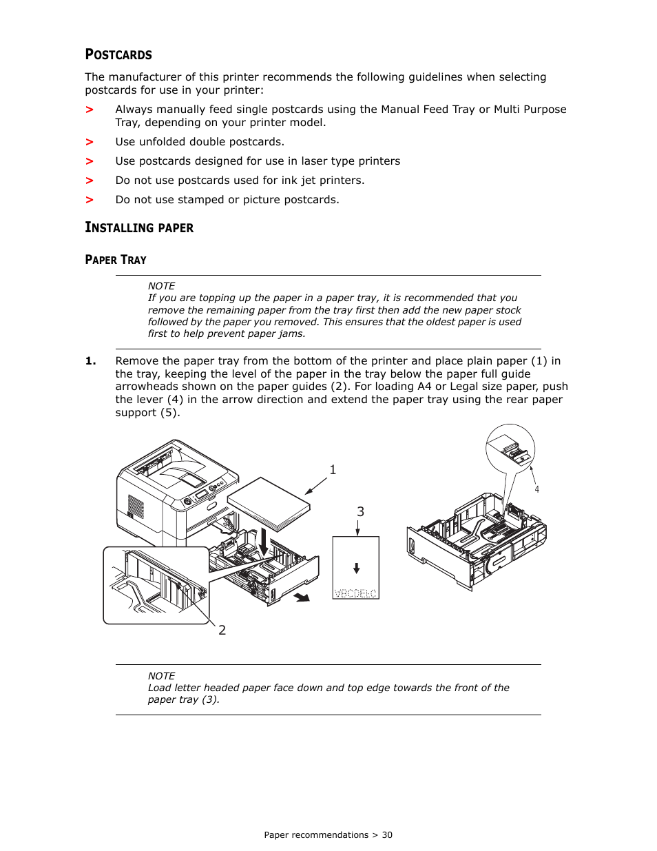 Postcards, Installing paper, Paper tray | Oki B 410dn User Manual | Page 30 / 84