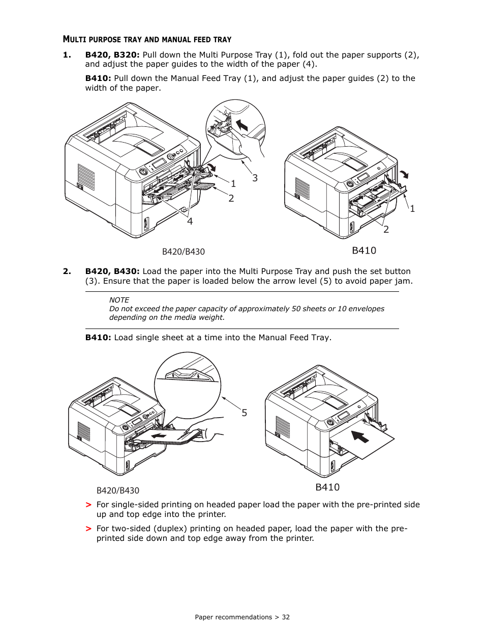 Multi purpose tray and manual feed tray | Oki B 410dn User Manual | Page 32 / 84