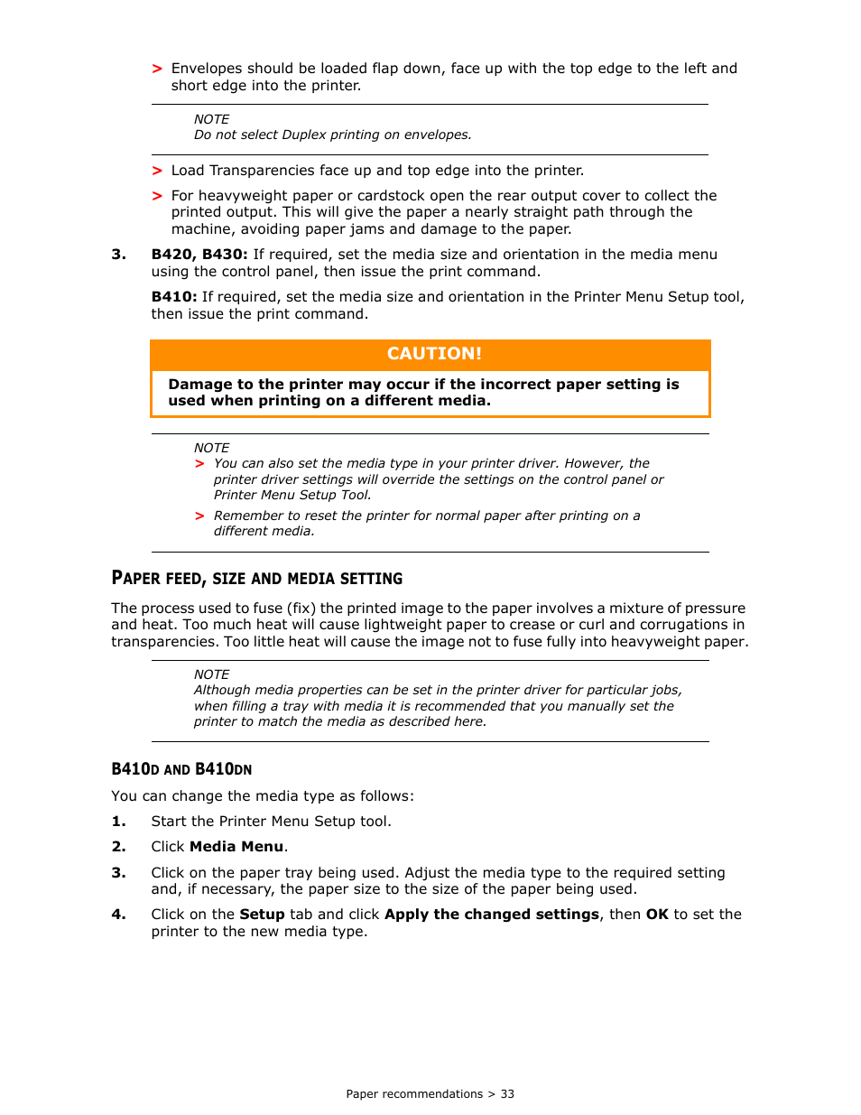 Paper feed, size and media setting, B410d and b410dn | Oki B 410dn User Manual | Page 33 / 84