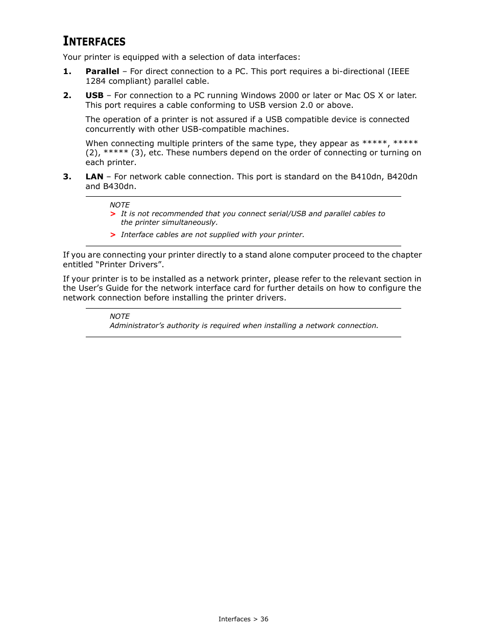 Interfaces, Nterfaces | Oki B 410dn User Manual | Page 36 / 84