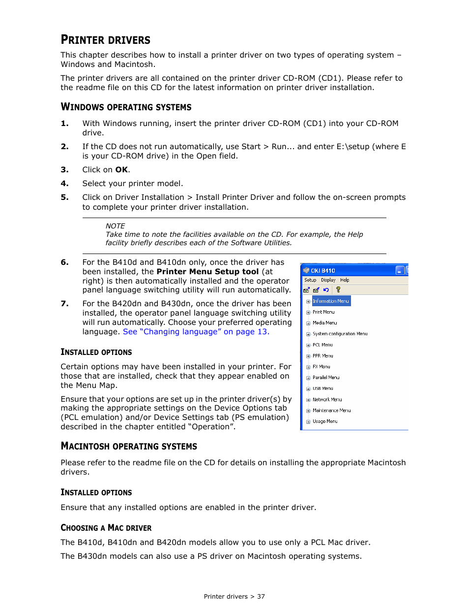 Printer drivers, Windows operating systems, Installed options | Macintosh operating systems, Choosing a mac driver, Printer drivers” on, For i, Rinter, Drivers | Oki B 410dn User Manual | Page 37 / 84