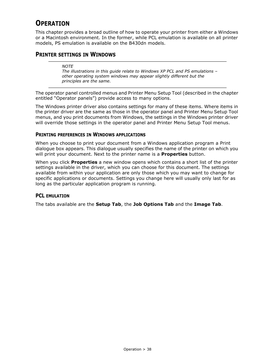Operation, Printer settings in windows, Printing preferences in windows applications | Pcl emulation, Peration | Oki B 410dn User Manual | Page 38 / 84