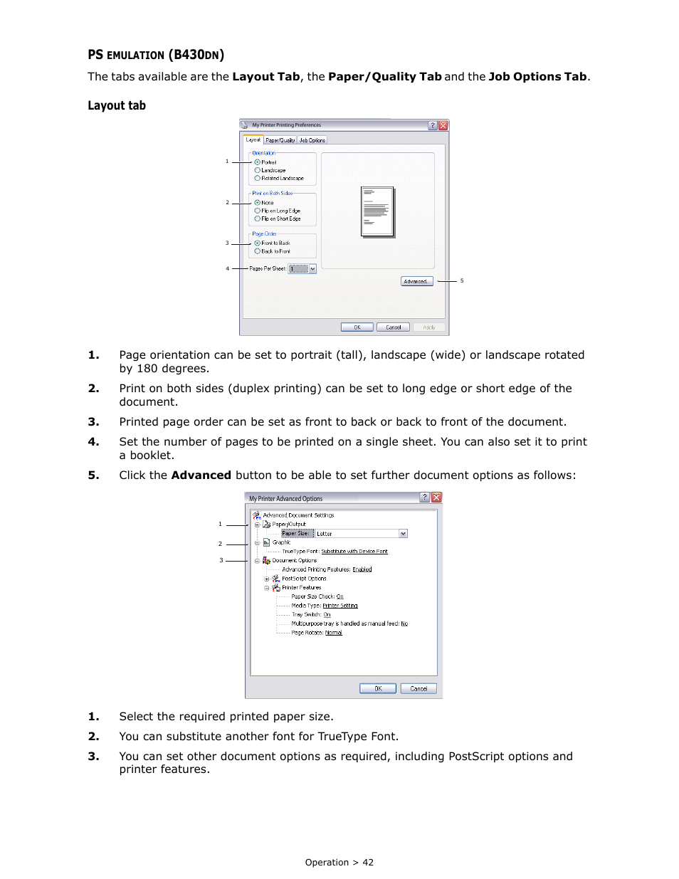 Ps emulation (b430dn), B430, Layout tab | Oki B 410dn User Manual | Page 42 / 84