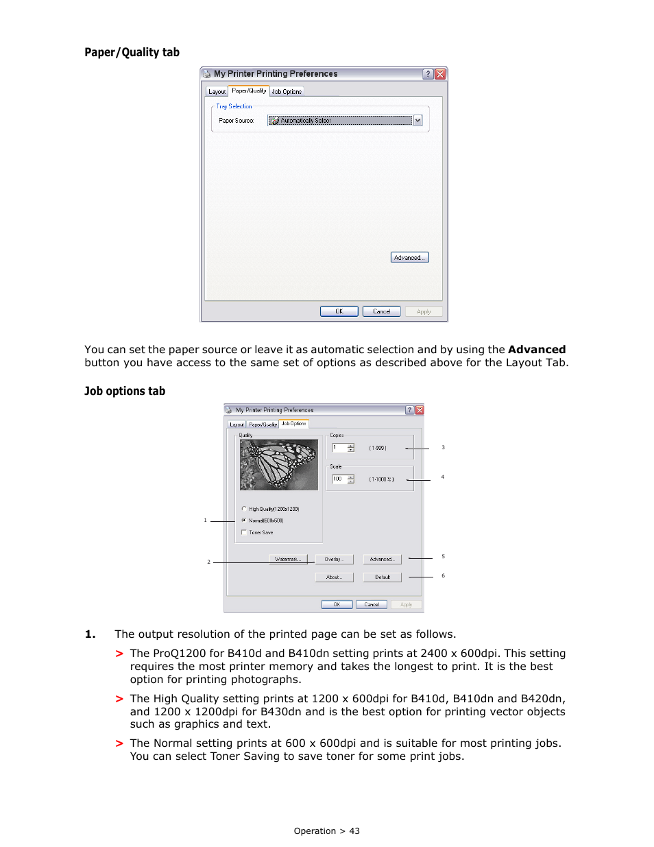 Paper/quality tab, Job options tab | Oki B 410dn User Manual | Page 43 / 84