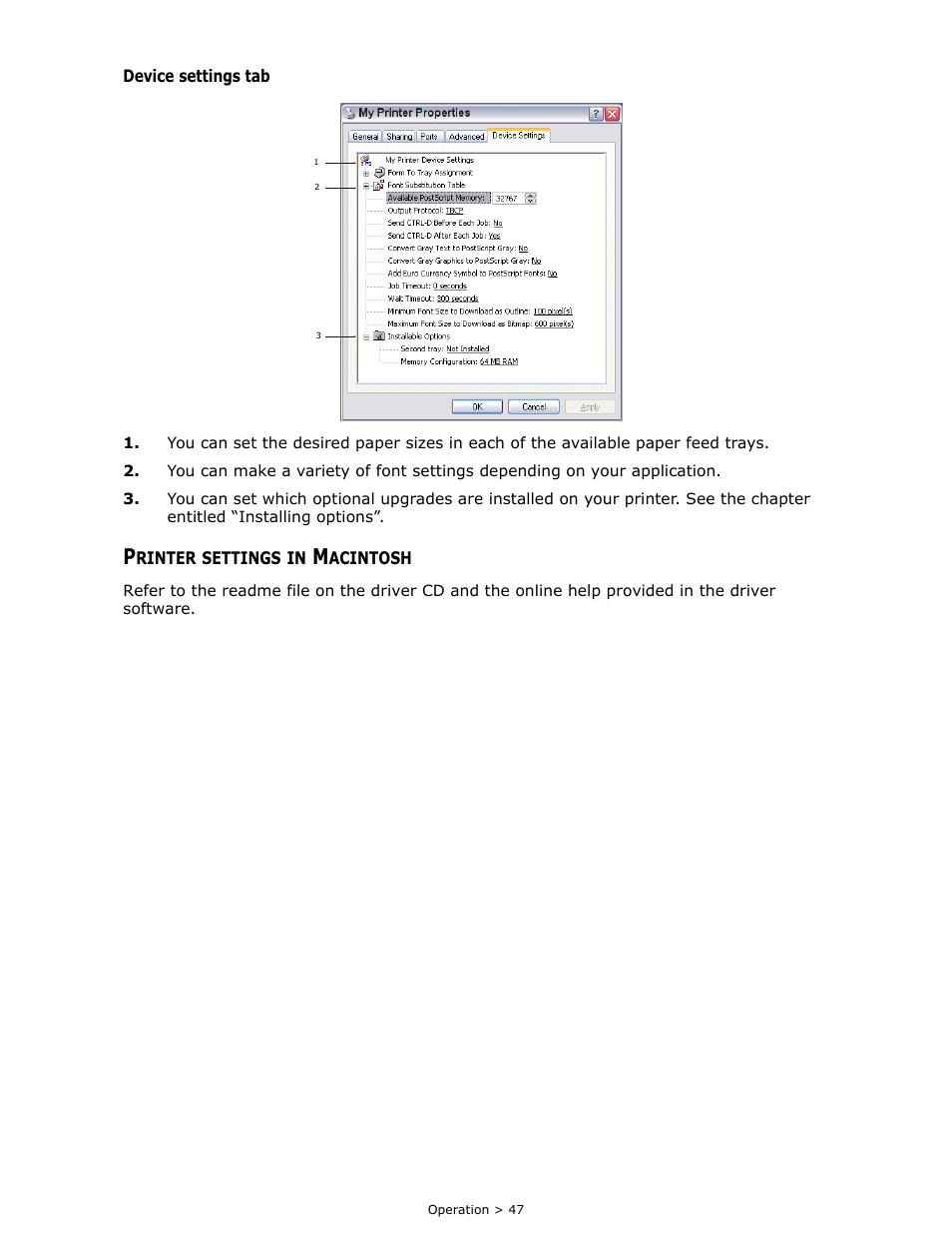 Printer settings in macintosh | Oki B 410dn User Manual | Page 47 / 84