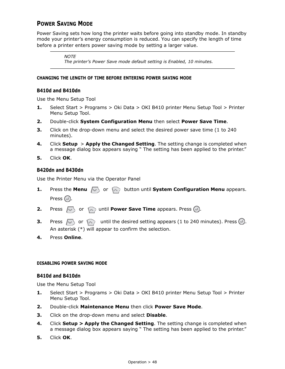 Power saving mode, Disabling power saving mode | Oki B 410dn User Manual | Page 48 / 84