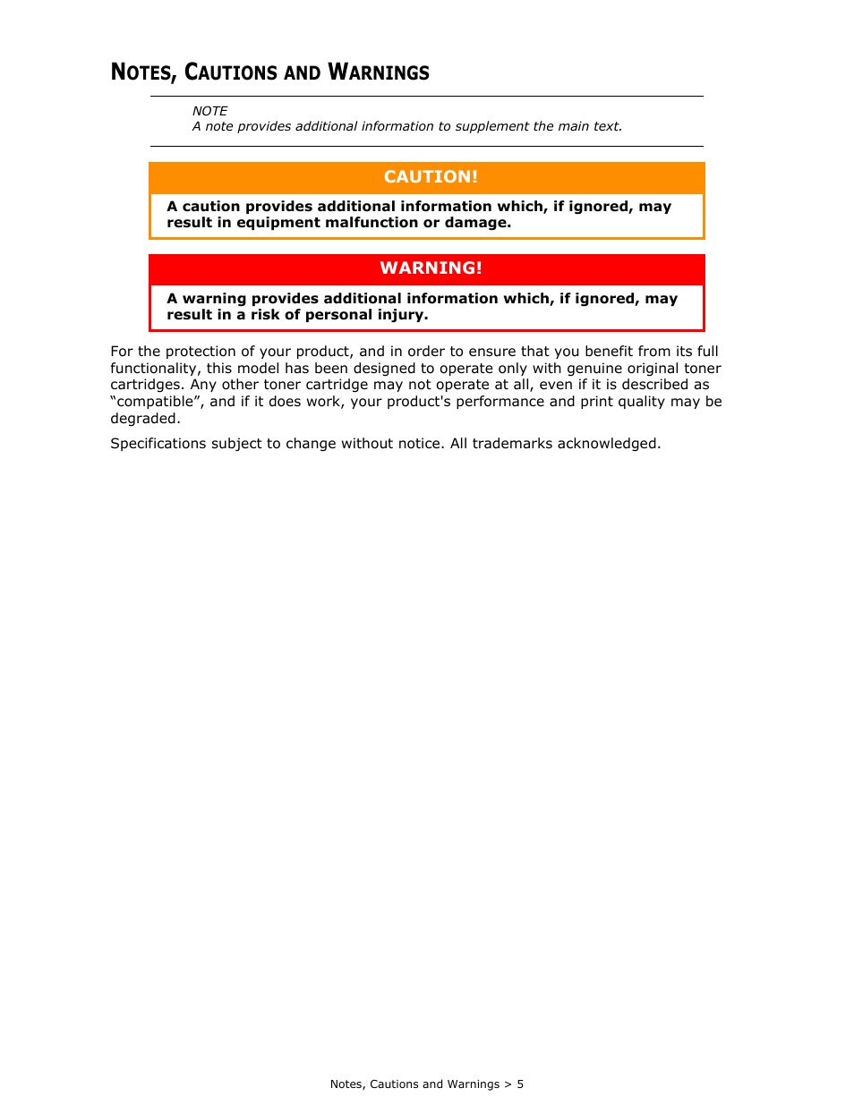 Notes, cautions and warnings | Oki B 410dn User Manual | Page 5 / 84