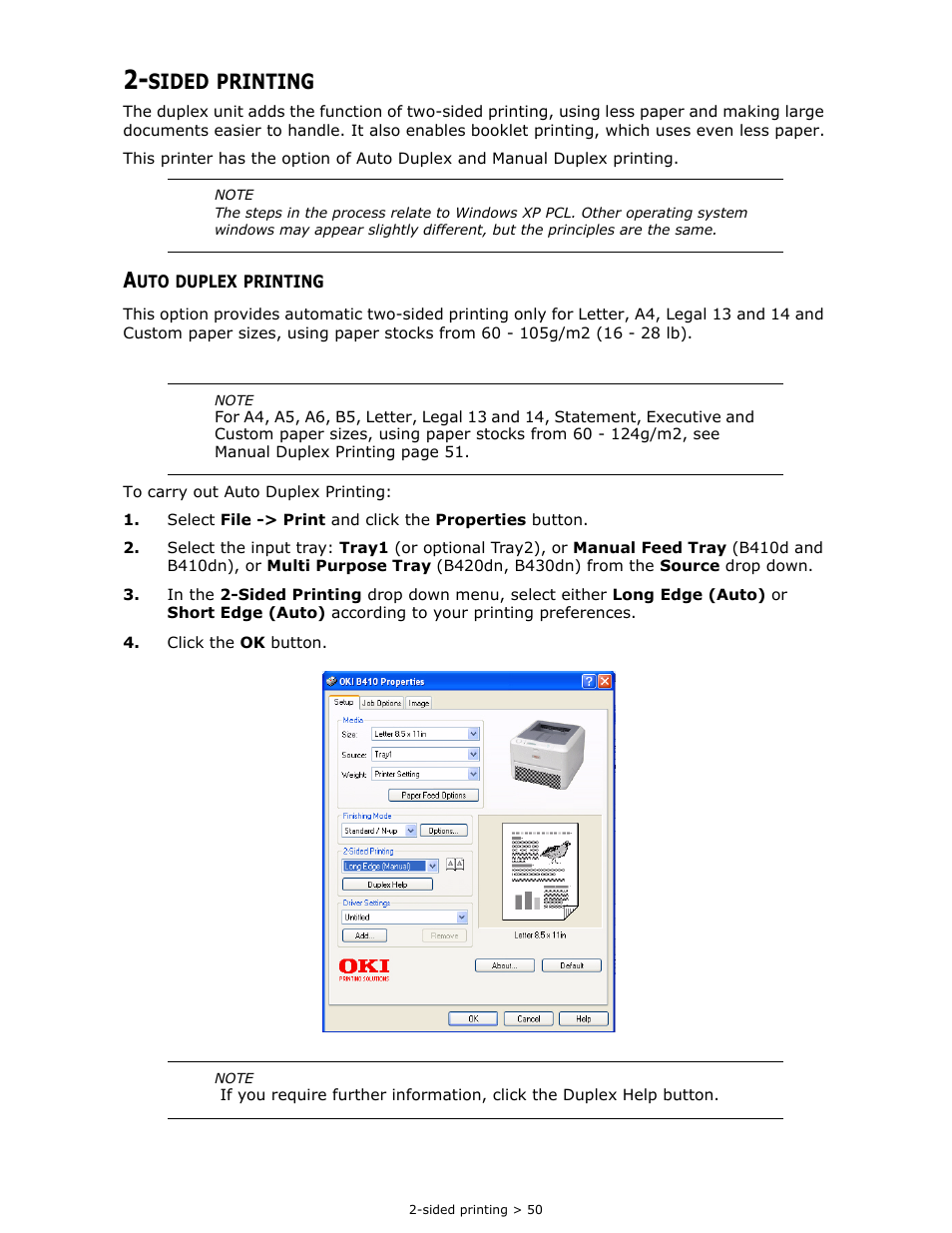 Sided printing, Auto duplex printing, Sided | Printing | Oki B 410dn User Manual | Page 50 / 84