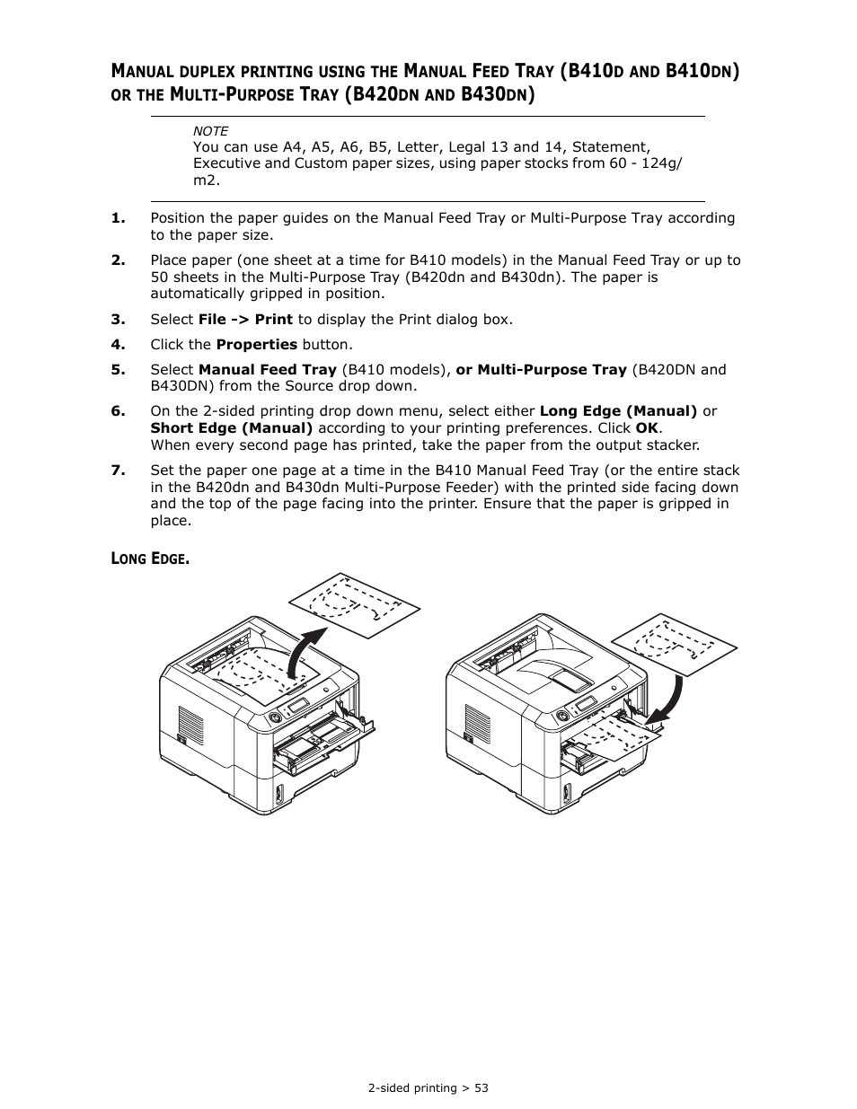 Long edge, Or the multi-purpose tray (b420dn and b430dn), B410 | B420, B430 | Oki B 410dn User Manual | Page 53 / 84