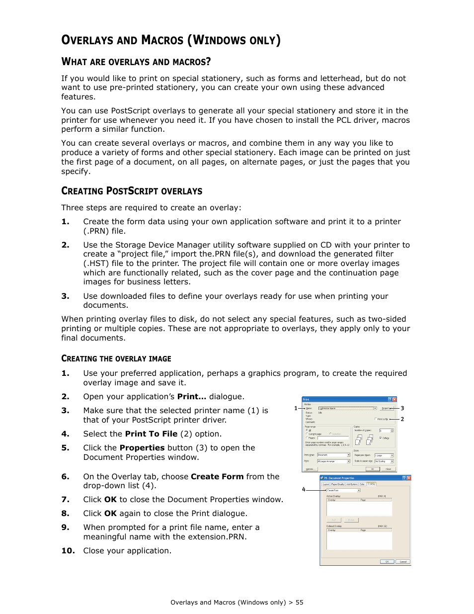 Overlays and macros (windows only), What are overlays and macros, Creating postscript overlays | Creating the overlay image, Verlays, Acros, Indows, Only | Oki B 410dn User Manual | Page 55 / 84