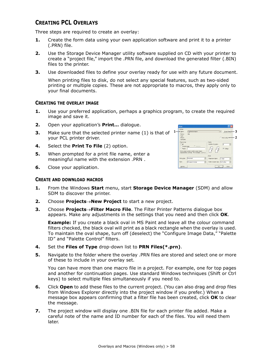 Creating pcl overlays, Creating the overlay image, Create and download macros | Pcl o | Oki B 410dn User Manual | Page 58 / 84