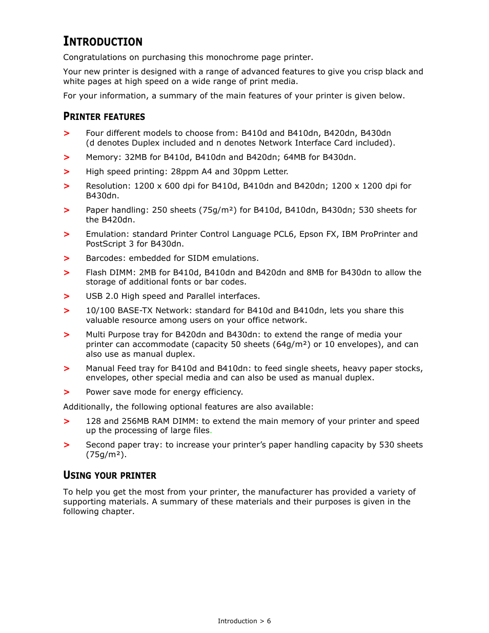 Introduction, Printer features, Using your printer | Ntroduction | Oki B 410dn User Manual | Page 6 / 84