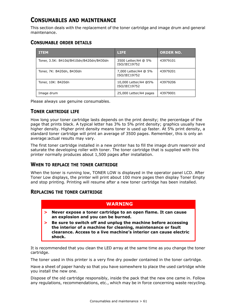 Consumables and maintenance, Consumable order details, Toner cartridge life | When to replace the toner cartridge, Replacing the toner cartridge, Onsumables, Maintenance | Oki B 410dn User Manual | Page 61 / 84