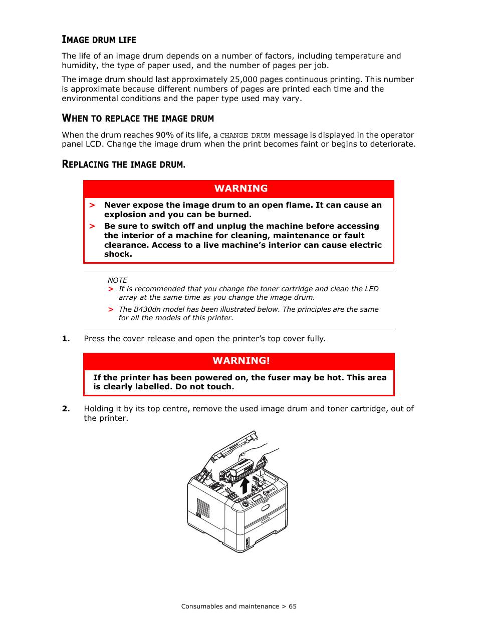 Image drum life, When to replace the image drum, Replacing the image drum | Oki B 410dn User Manual | Page 65 / 84
