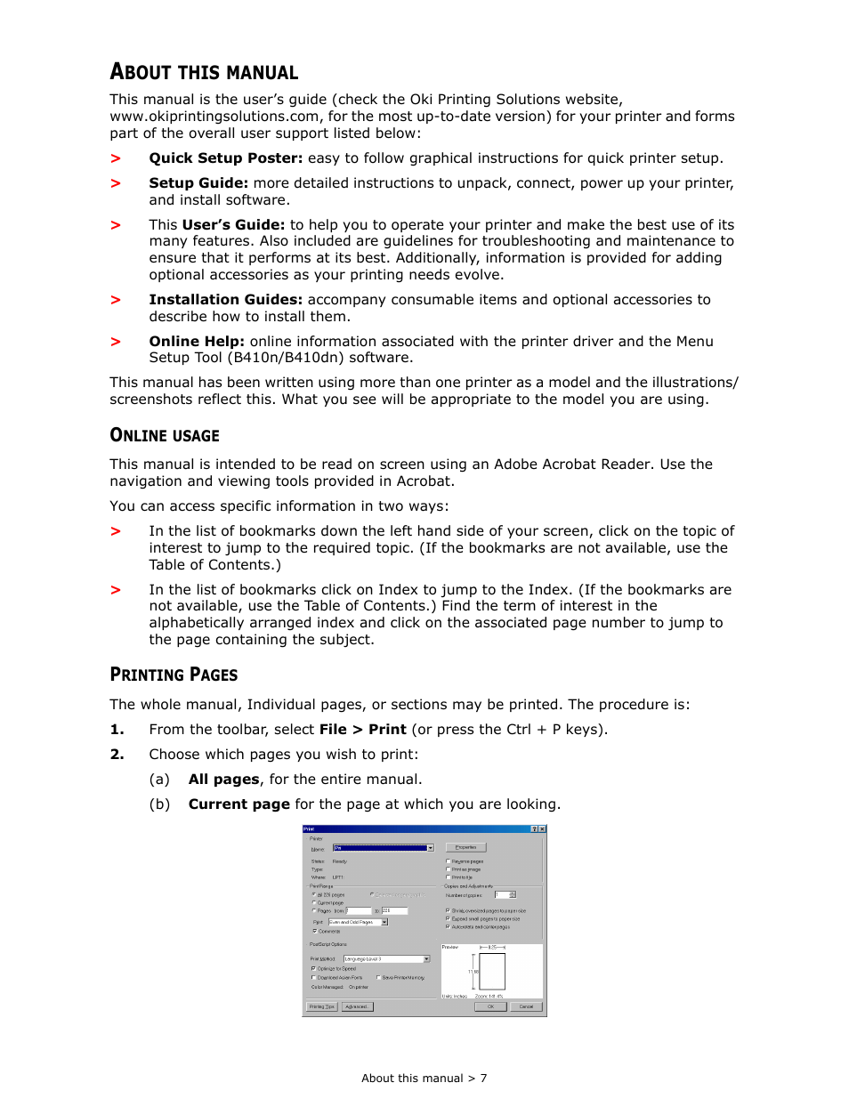 About this manual, Online usage, Bout | This, Manual | Oki B 410dn User Manual | Page 7 / 84