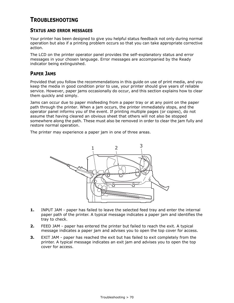 Troubleshooting, Status and error messages, Paper jams | Roubleshooting s | Oki B 410dn User Manual | Page 70 / 84
