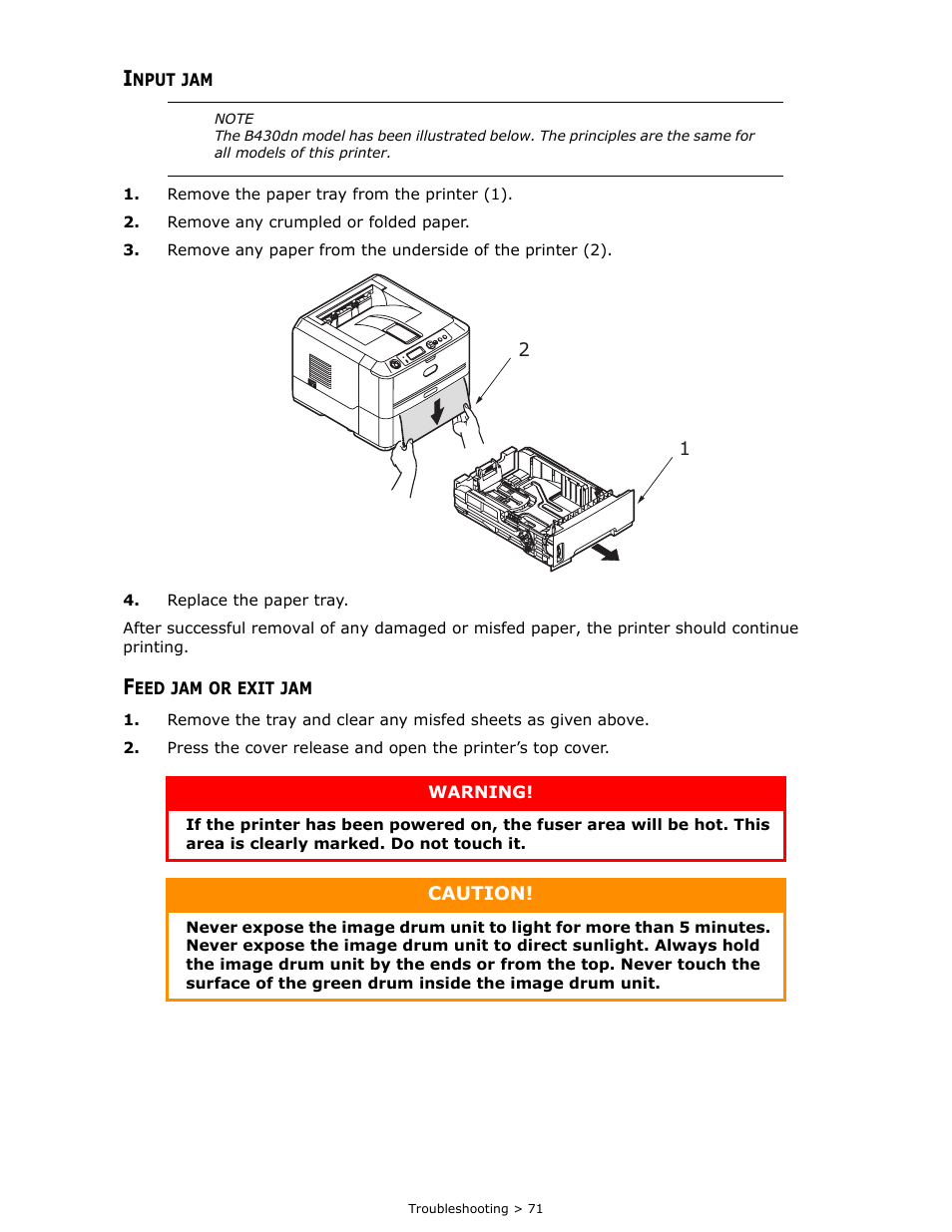 Input jam, Feed jam or exit jam | Oki B 410dn User Manual | Page 71 / 84