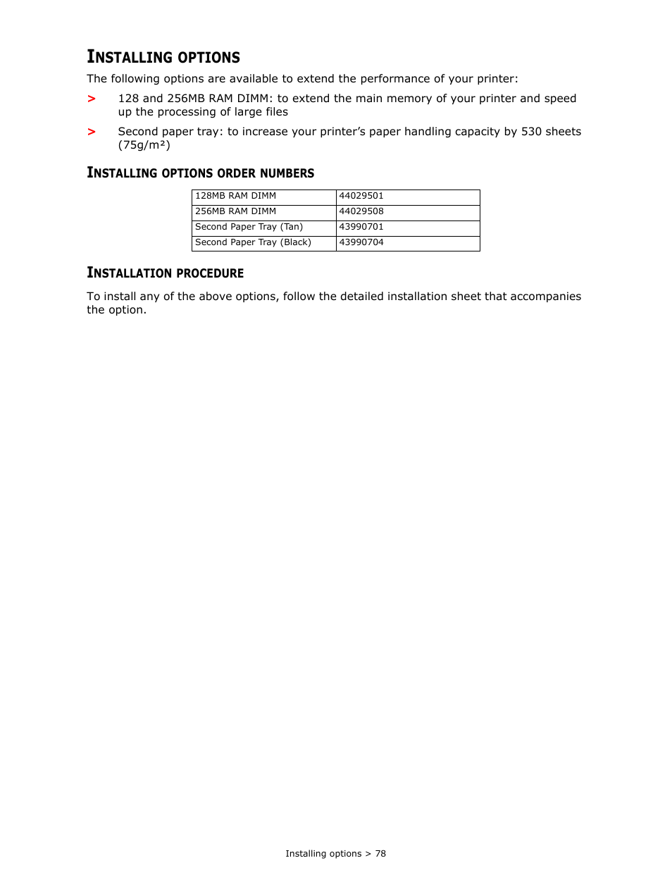 Installing options, Installing options order numbers, Installation procedure | Nstalling, Options | Oki B 410dn User Manual | Page 78 / 84