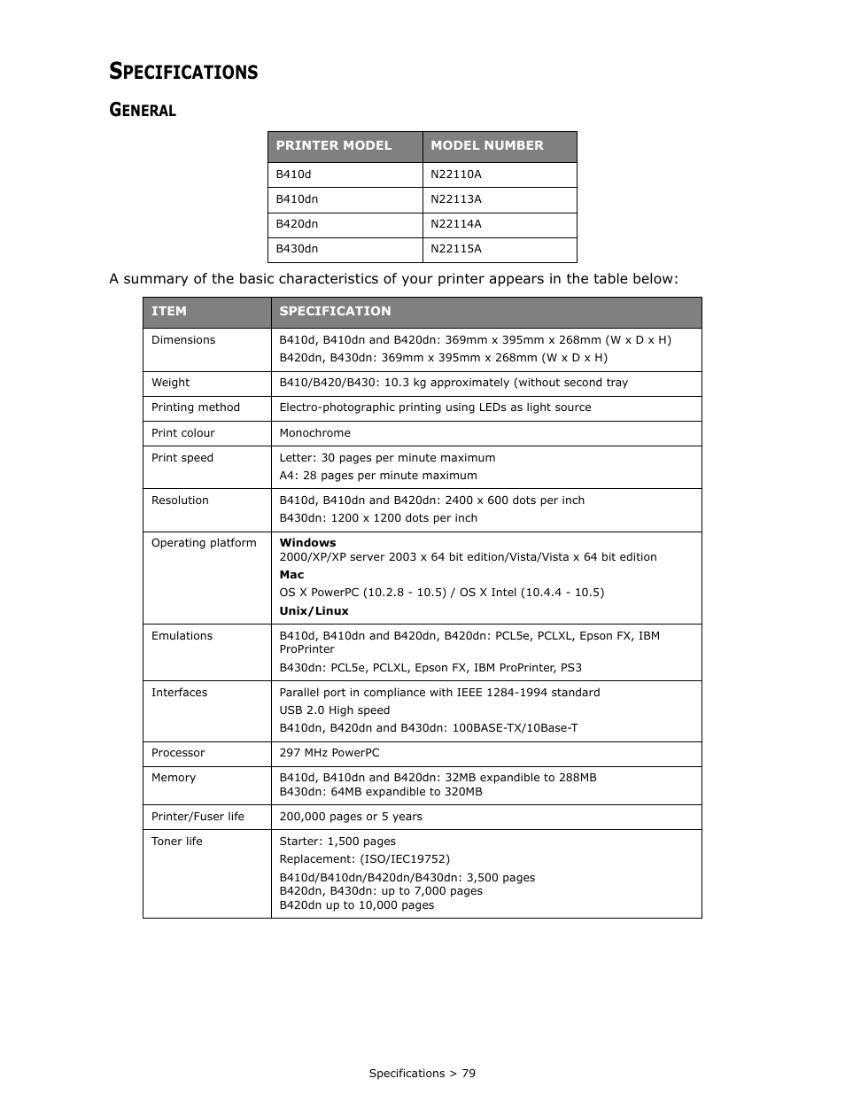 Specifications, General, Pecifications g | Eneral | Oki B 410dn User Manual | Page 79 / 84