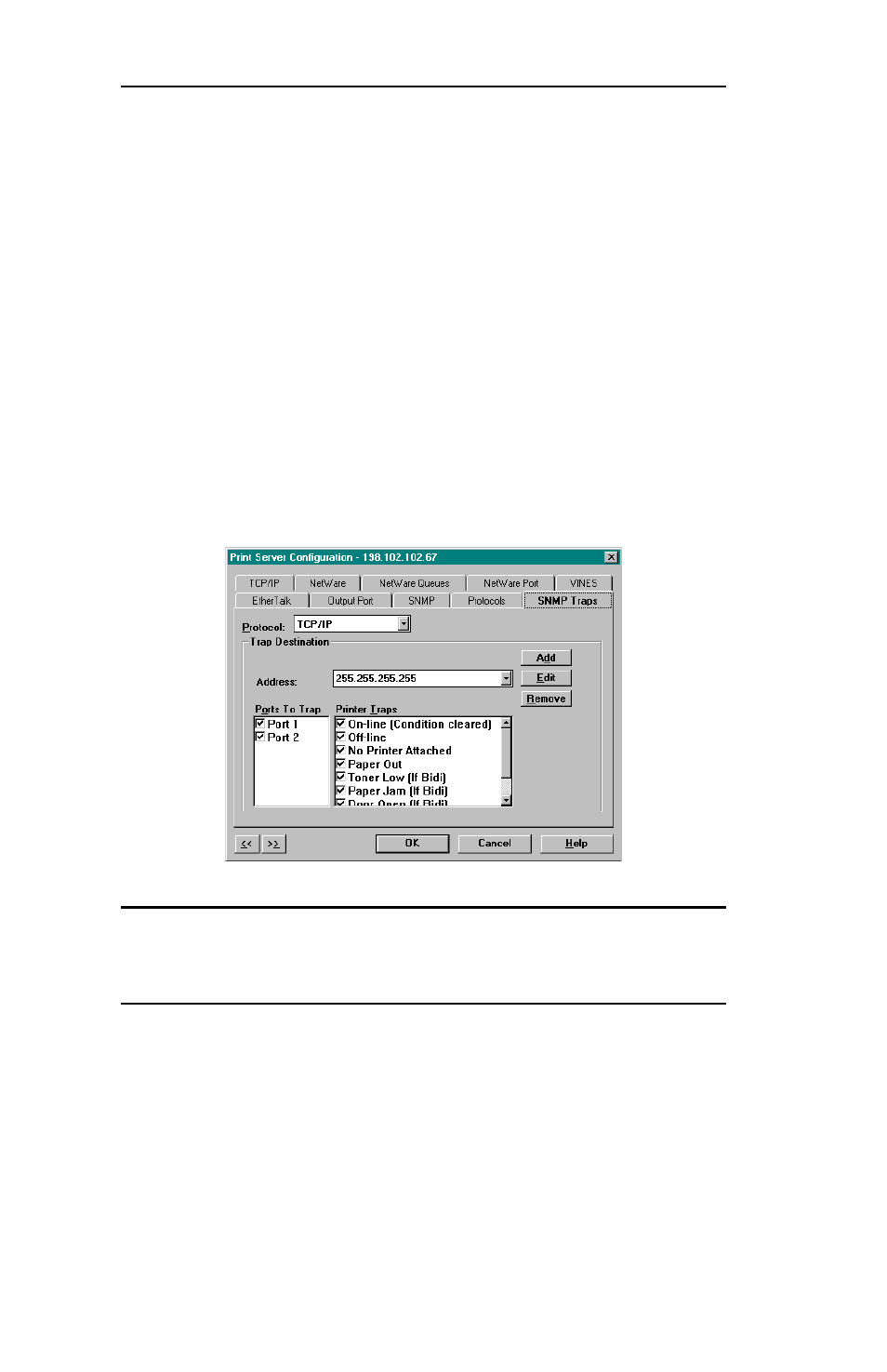 Enabling/disabling protocols, Snmp trap configuration | Oki 6120i User Manual | Page 125 / 219