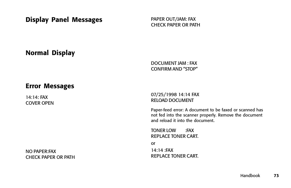 Display panel messages, Normal display, Error messages | Oki 84 User Manual | Page 80 / 99