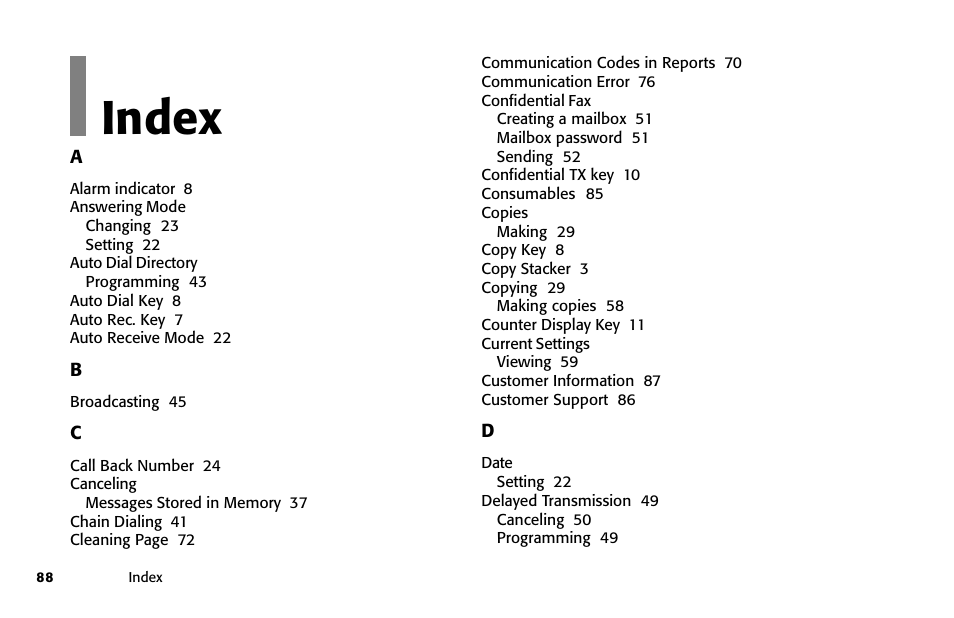 Index, Overview | Oki 84 User Manual | Page 95 / 99