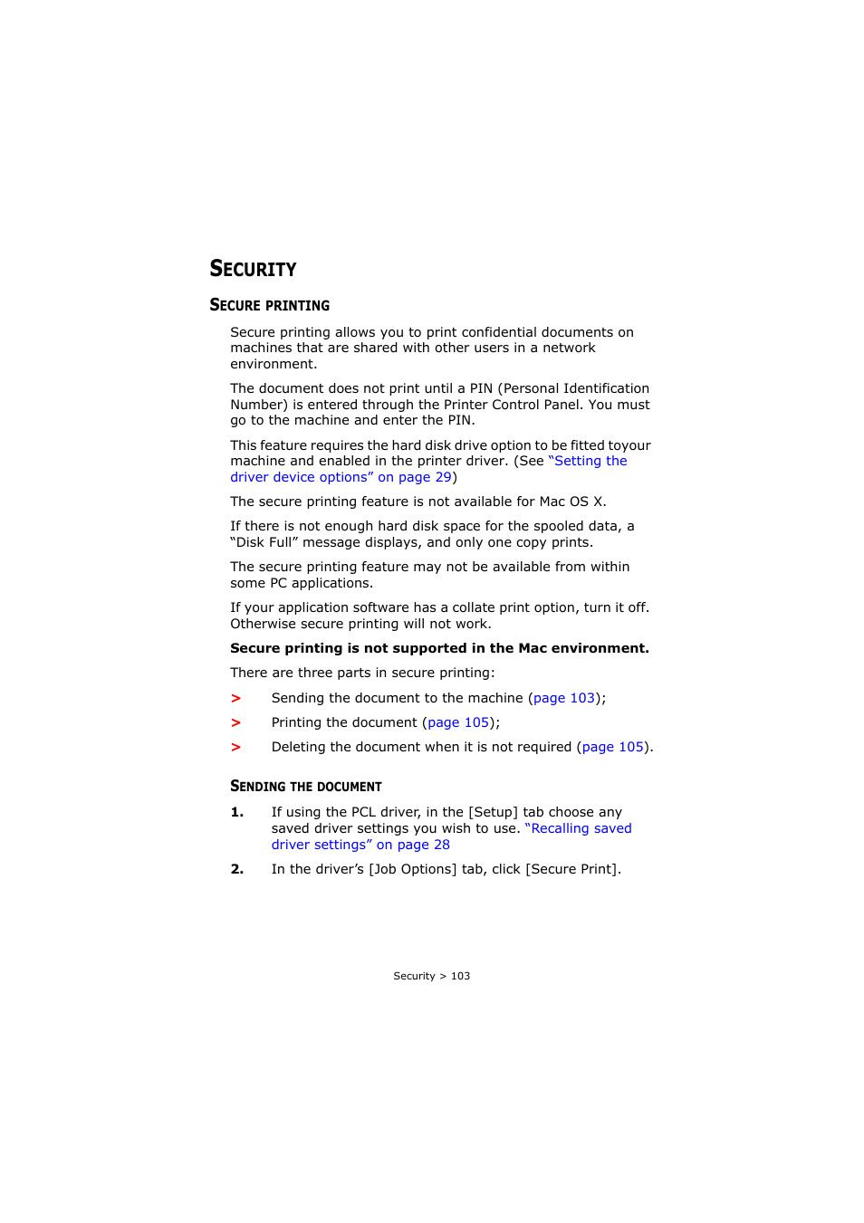 Security, Secure printing, Sending the document | Ecurity | Oki C8800 User Manual | Page 103 / 179