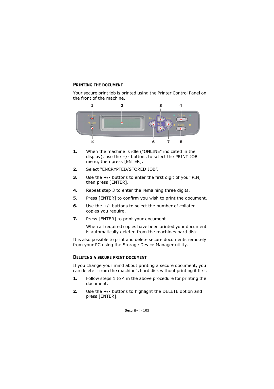 Printing the document, Deleting a secure print document | Oki C8800 User Manual | Page 105 / 179