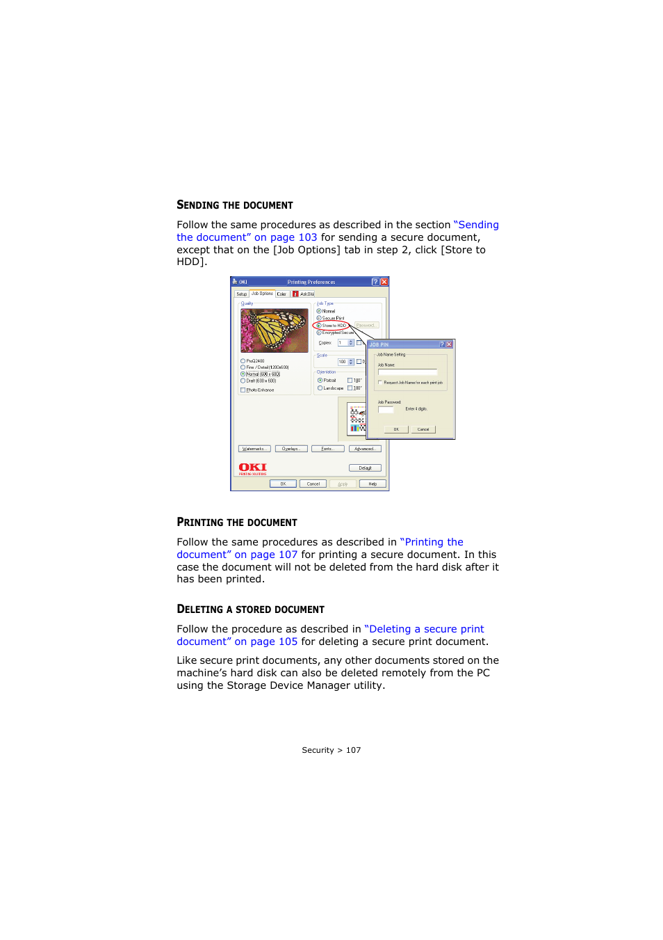 Sending the document, Printing the document, Deleting a stored document | Oki C8800 User Manual | Page 107 / 179