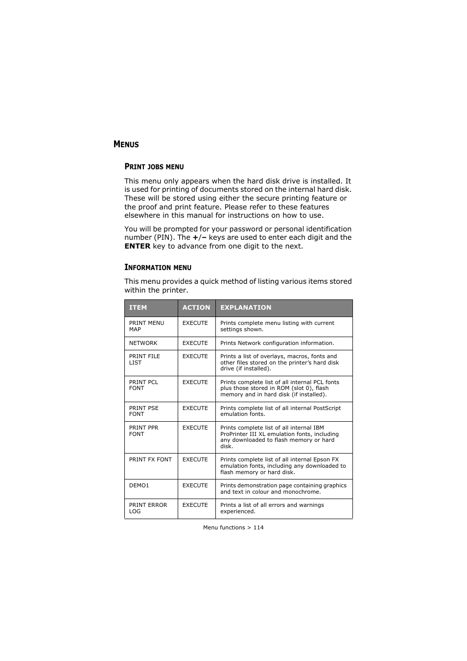 Menus, Print jobs menu, Information menu | Print jobs menu information menu | Oki C8800 User Manual | Page 114 / 179
