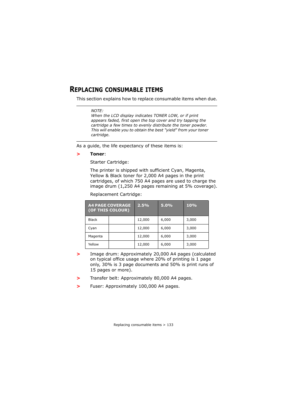 Replacing consumable items, Eplacing, Consumable | Items | Oki C8800 User Manual | Page 133 / 179