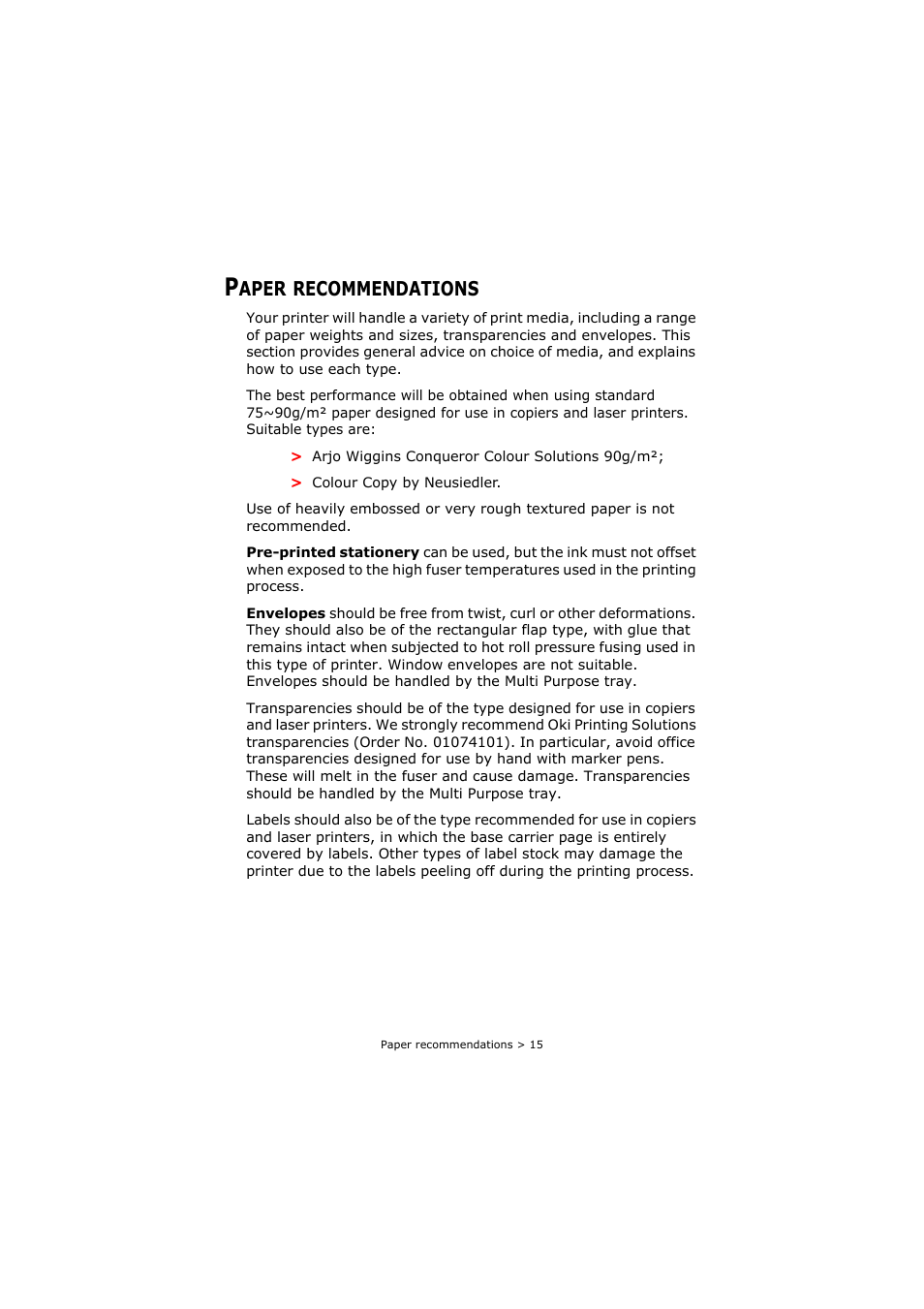 Paper recommendations, Aper, Recommendations | Oki C8800 User Manual | Page 15 / 179