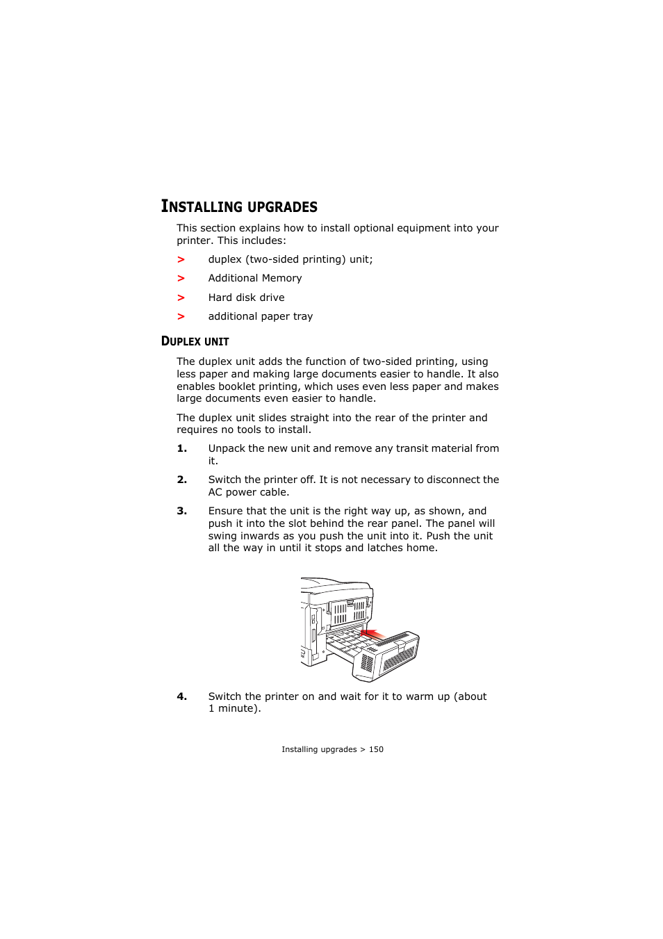 Installing upgrades, Duplex unit, Nstalling | Upgrades | Oki C8800 User Manual | Page 150 / 179