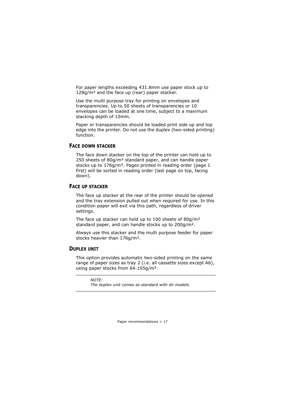 Face down stacker, Face up stacker, Duplex unit | Face down stacker face up stacker duplex unit | Oki C8800 User Manual | Page 17 / 179