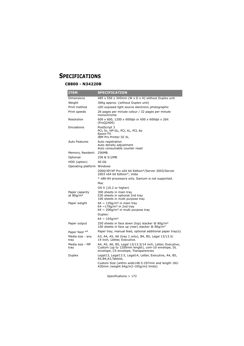 Specifications, Pecifications | Oki C8800 User Manual | Page 172 / 179