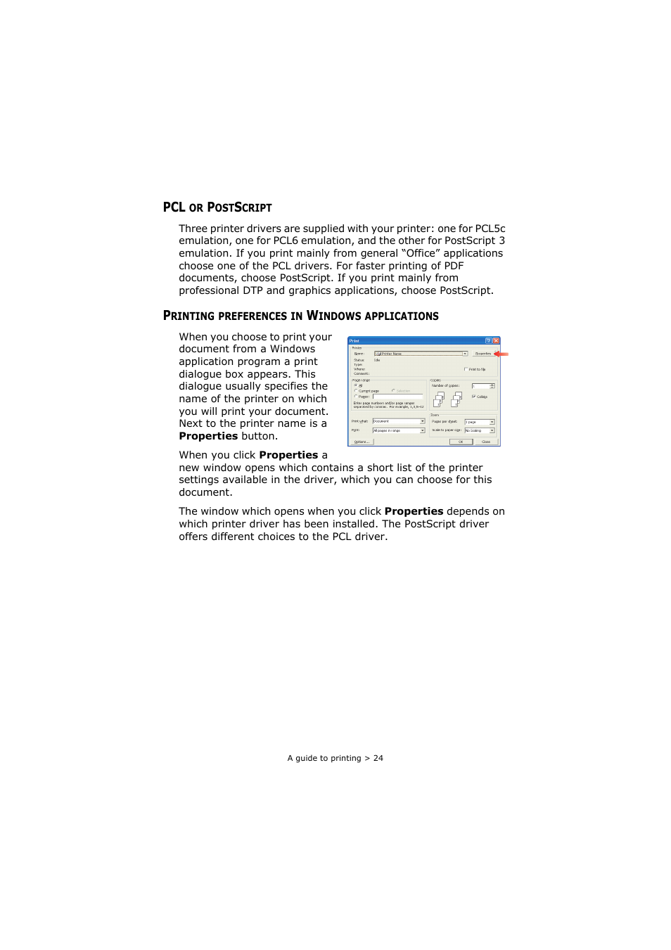 Pcl or postscript, Printing preferences in windows applications | Oki C8800 User Manual | Page 24 / 179
