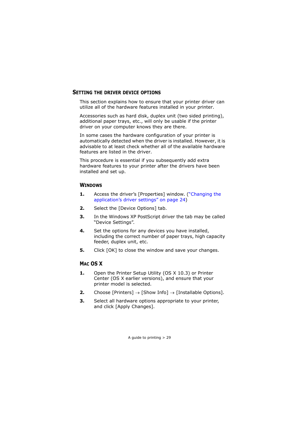 Setting the driver device options, Windows, Mac os x | Oki C8800 User Manual | Page 29 / 179