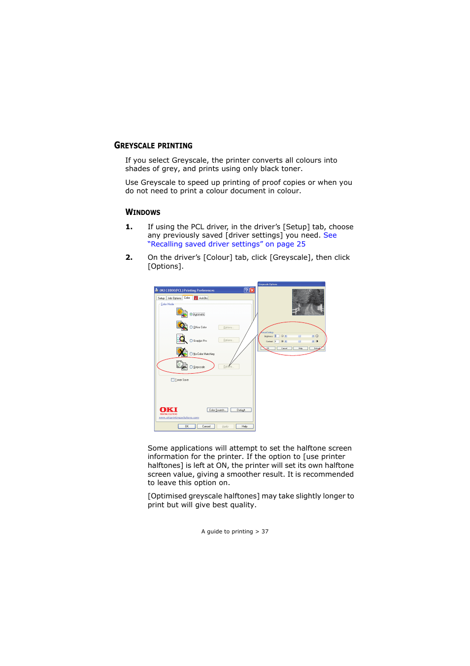 Greyscale printing, Windows | Oki C8800 User Manual | Page 37 / 179