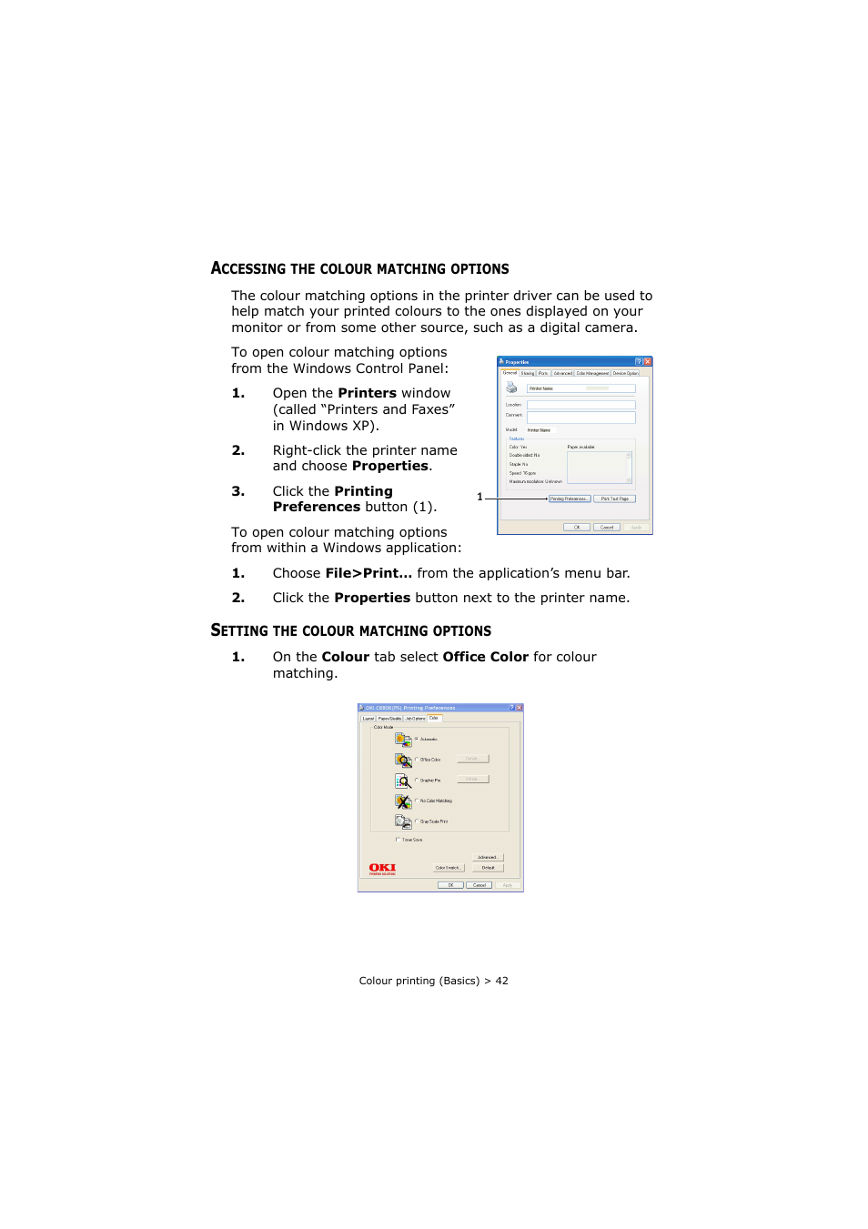 Accessing the colour matching options, Setting the colour matching options | Oki C8800 User Manual | Page 42 / 179