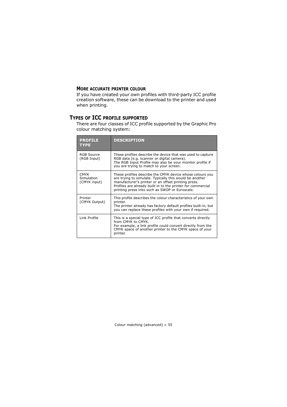 More accurate printer colour, Types of icc profile supported | Oki C8800 User Manual | Page 55 / 179