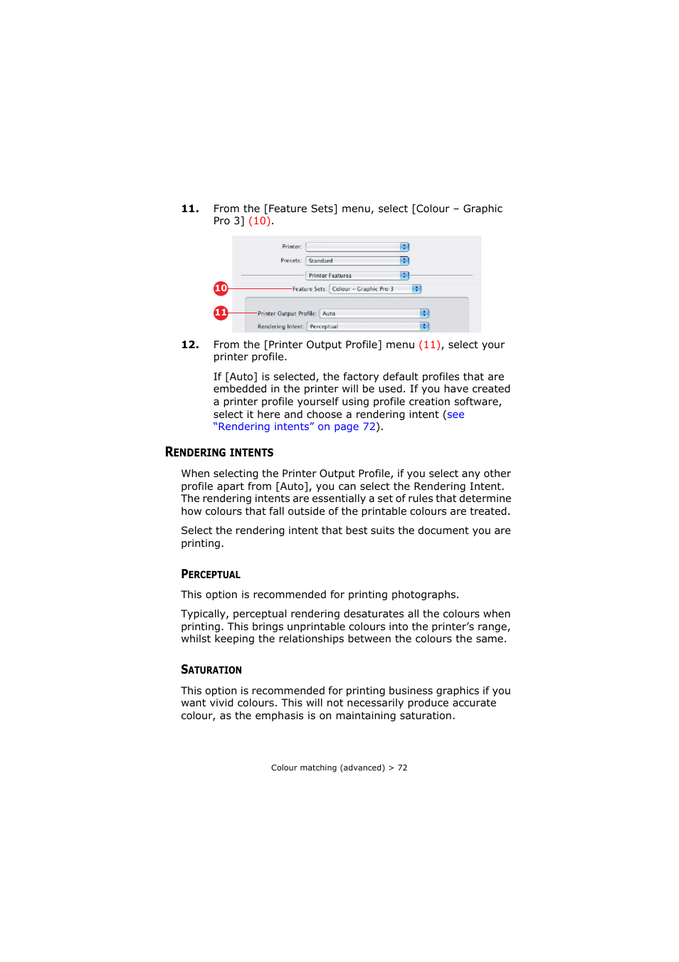 Rendering intents, Perceptual, Saturation | Perceptual saturation, See “rendering intents” on | Oki C8800 User Manual | Page 72 / 179