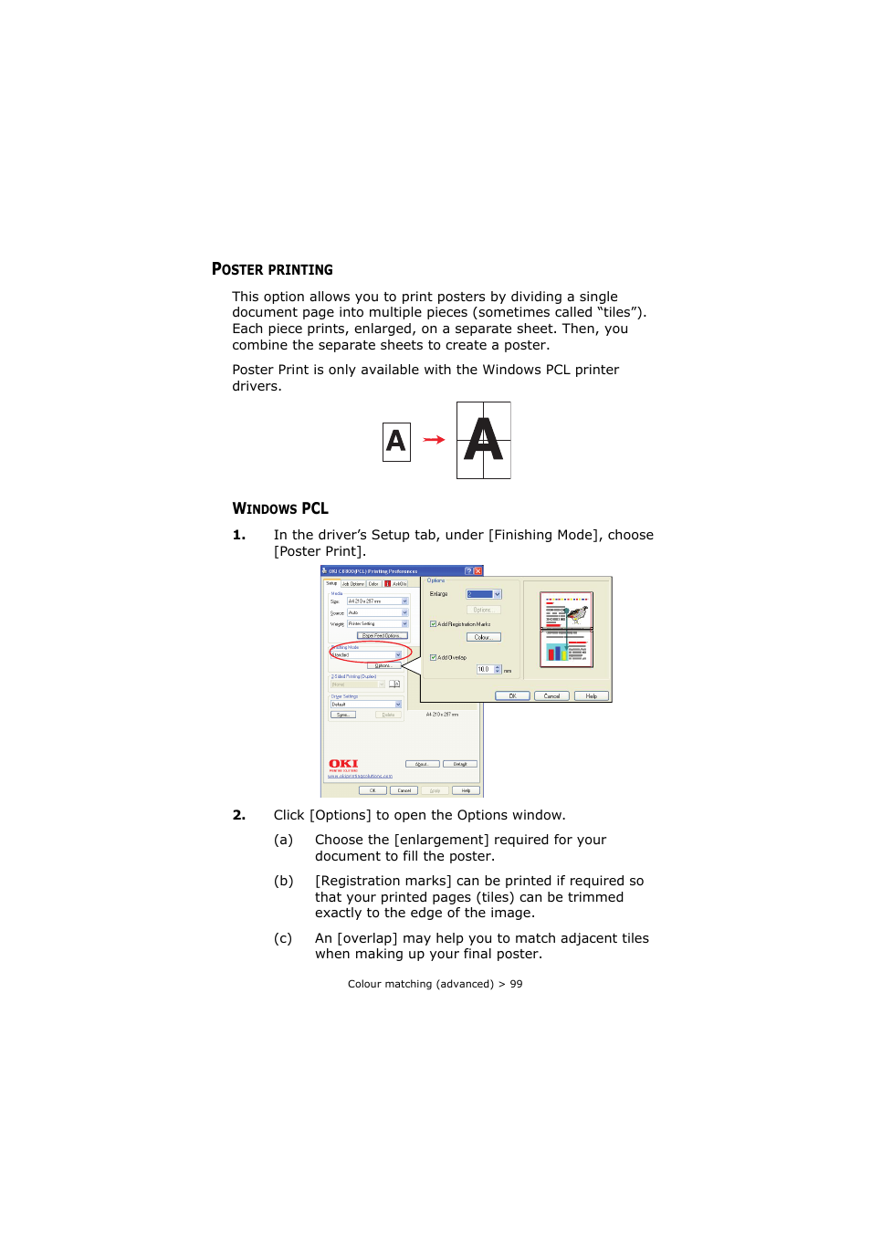 Poster printing, Windows pcl | Oki C8800 User Manual | Page 99 / 179