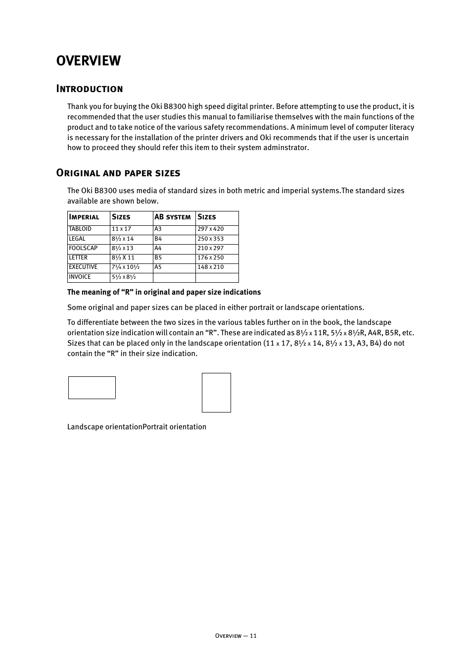 Overview, Introduction, Original and paper sizes | Introduction original and paper sizes | Oki B8300 User Manual | Page 12 / 95