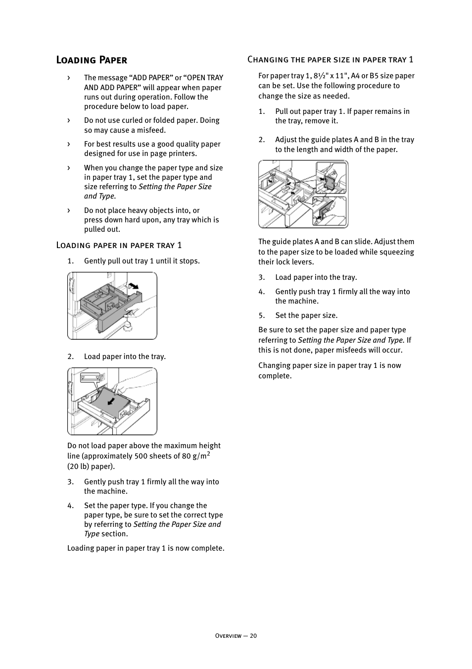 Loading paper, Loading paper in paper tray 1, Changing the paper size in paper tray 1 | Oki B8300 User Manual | Page 21 / 95