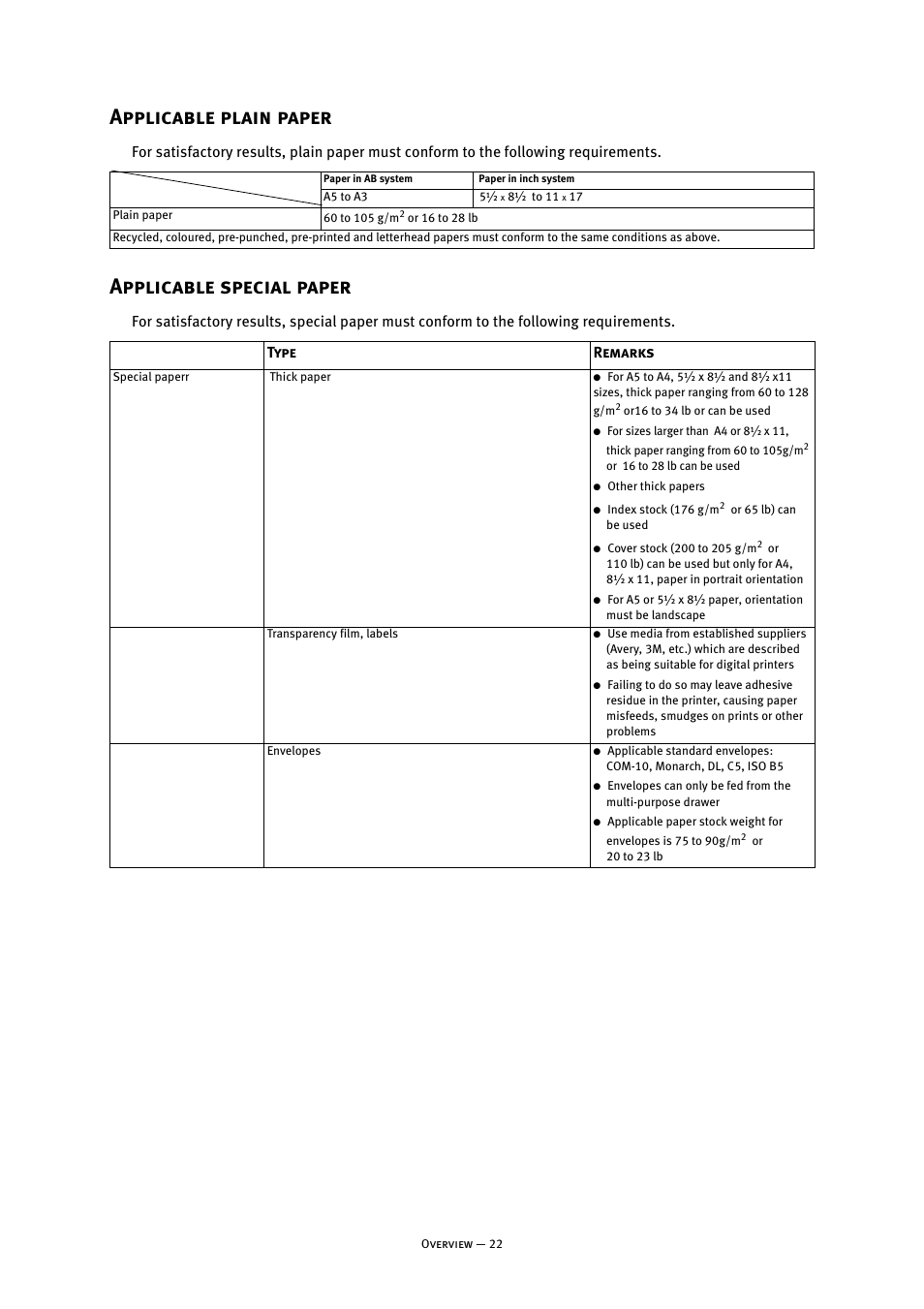 Applicable plain paper, Applicable special paper, Applicable plain paper applicable special paper | Oki B8300 User Manual | Page 23 / 95