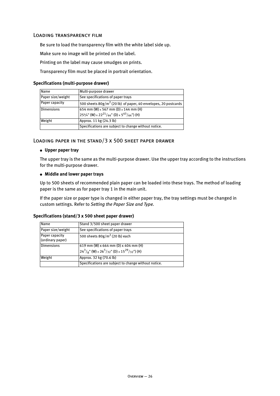 Loading transparency film, Specifications (multi-purpose drawer), Specifications (stand/3 x 500 sheet paper drawer) | Oki B8300 User Manual | Page 27 / 95