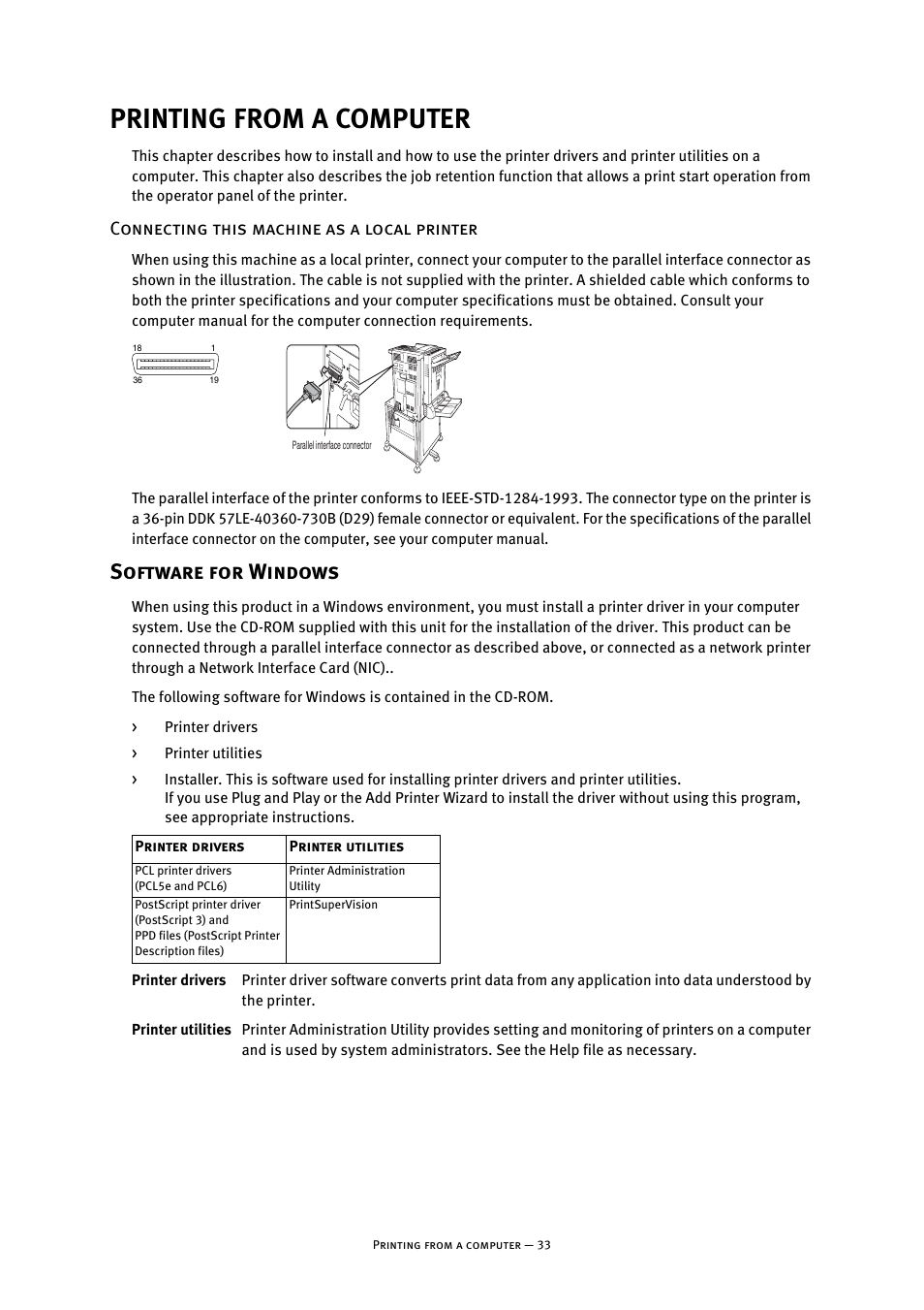 Printing from a computer, Connecting this machine as a local printer, Software for windows | Oki B8300 User Manual | Page 34 / 95