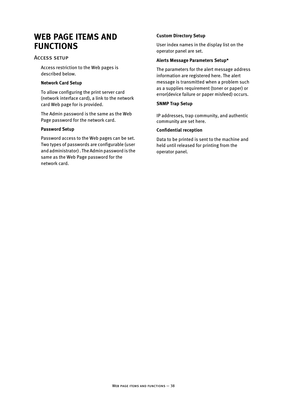 Access setup, Web page items and functions | Oki B8300 User Manual | Page 39 / 95